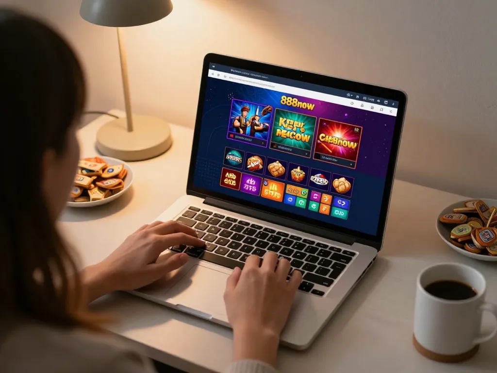 Engaging gameplay on 888now platform during a cozy home session with laptop and snacks