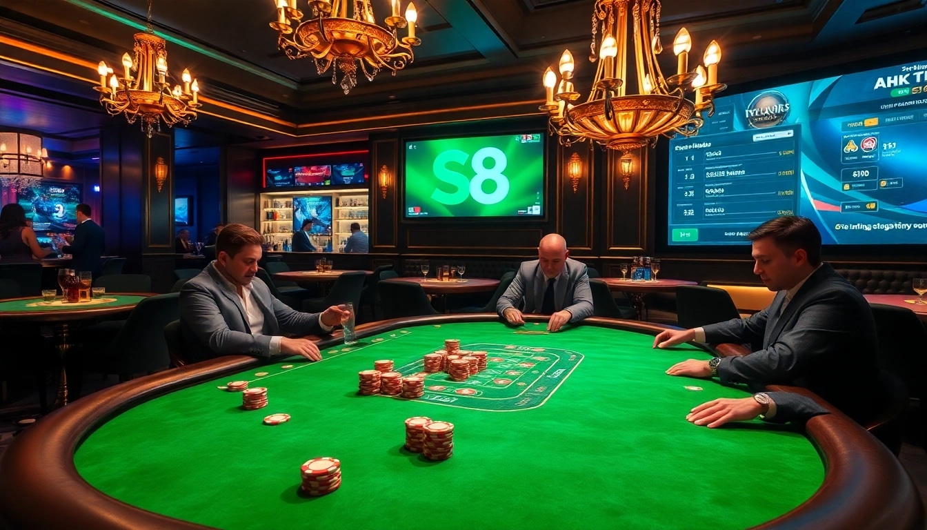 Players engaging at a poker table showcasing Nhà cái S8's thrilling casino atmosphere.