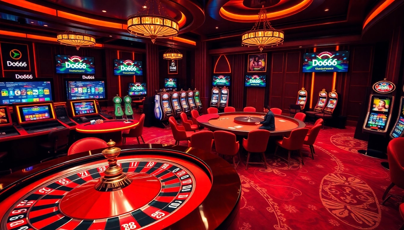 Players enjoying the casino experience at Do666 with vibrant slot machines and a roulette wheel.