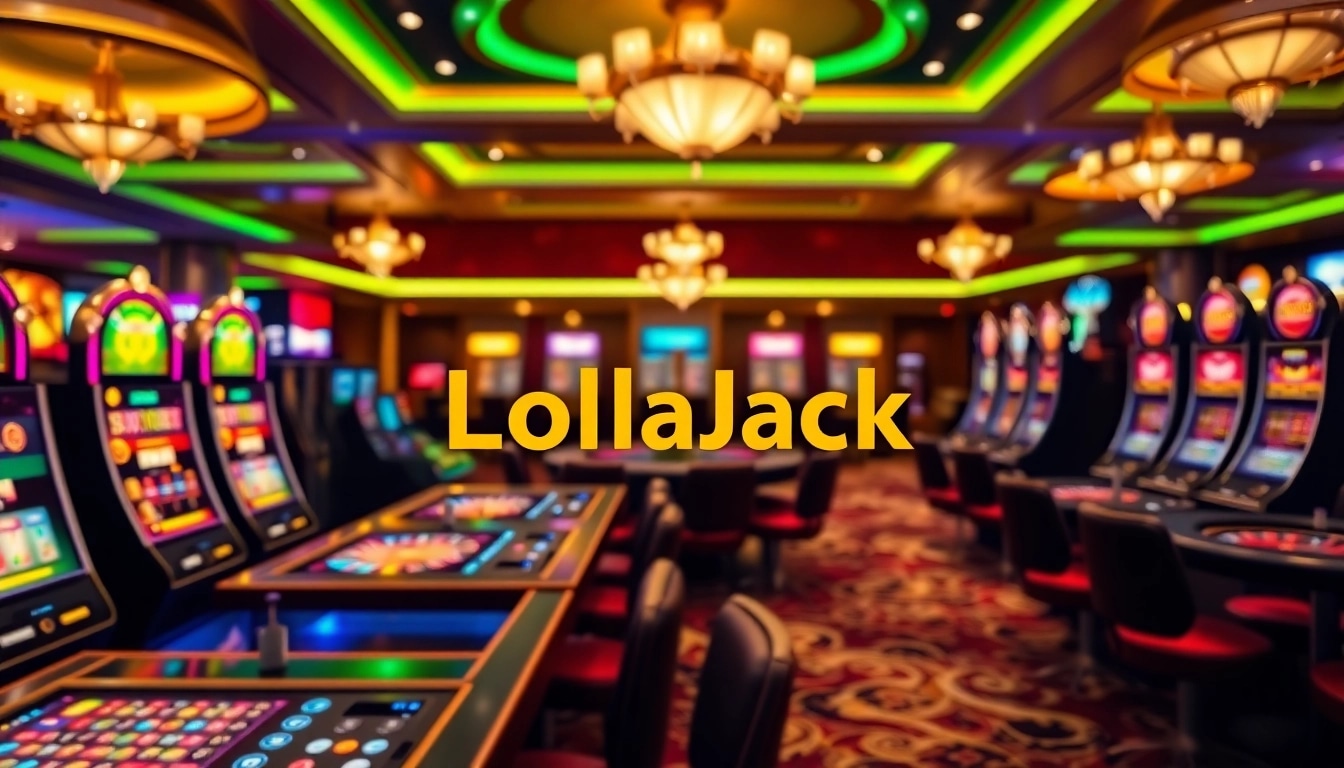 LolaJack Casino mit lebhaften Spielautomaten und Roulette in einem luxuriösen Ambiente.