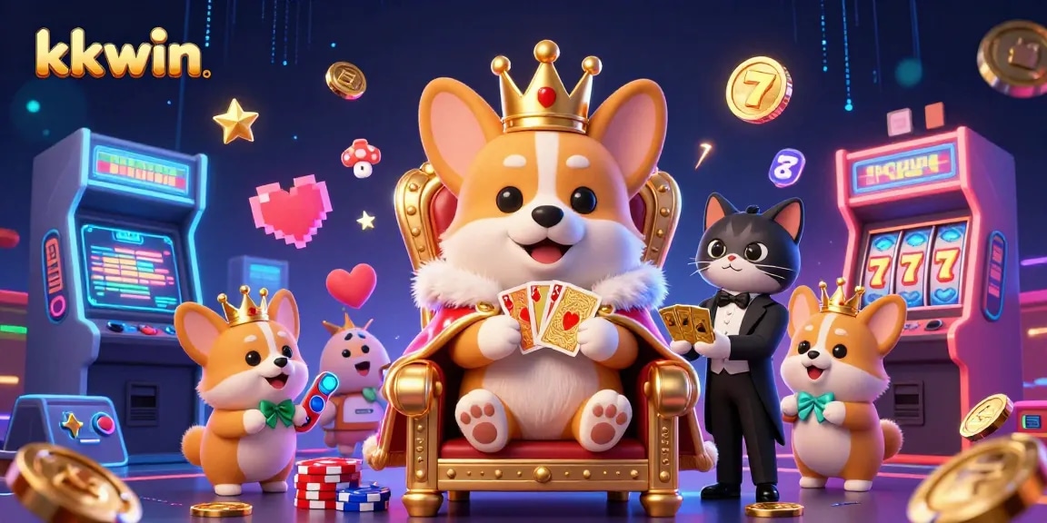 kkwin players enjoy slots alongside a royal corgi surrounded by colorful game machines and vibrant casino elements