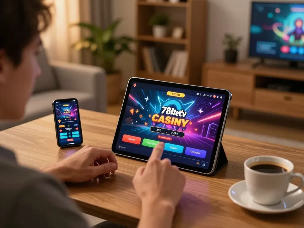 Engaging with the 789bethv casino app on tablet while enjoying a cozy atmosphere.