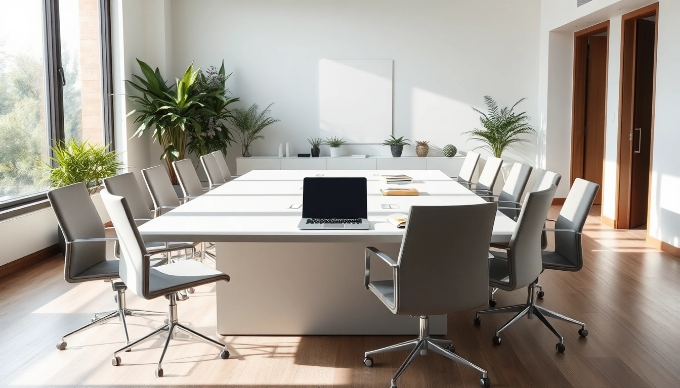 Headhunter Schweiz: Moderner Büroarbeitsplatz mit elegantem Konferenztisch und Laptop.