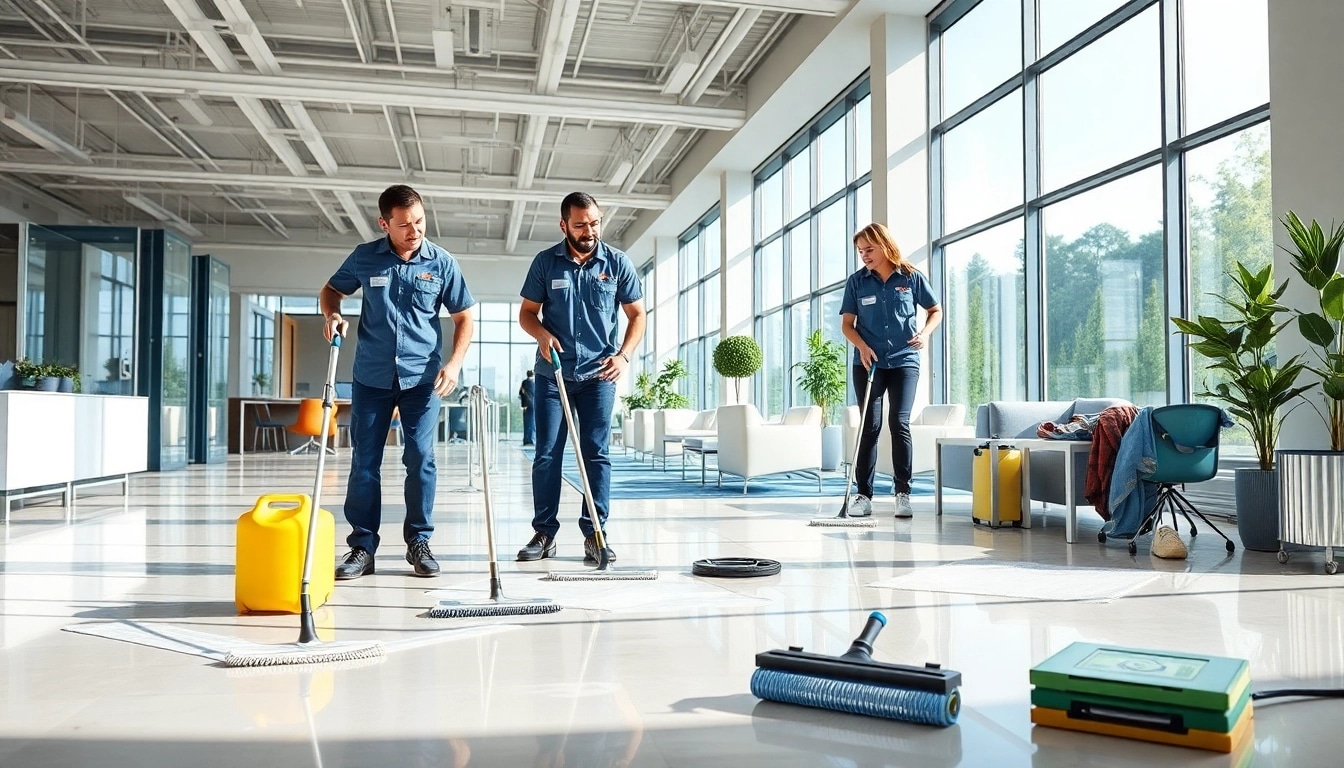 Efficient team performing Gebäudereinigung Ulm in a bright office environment.