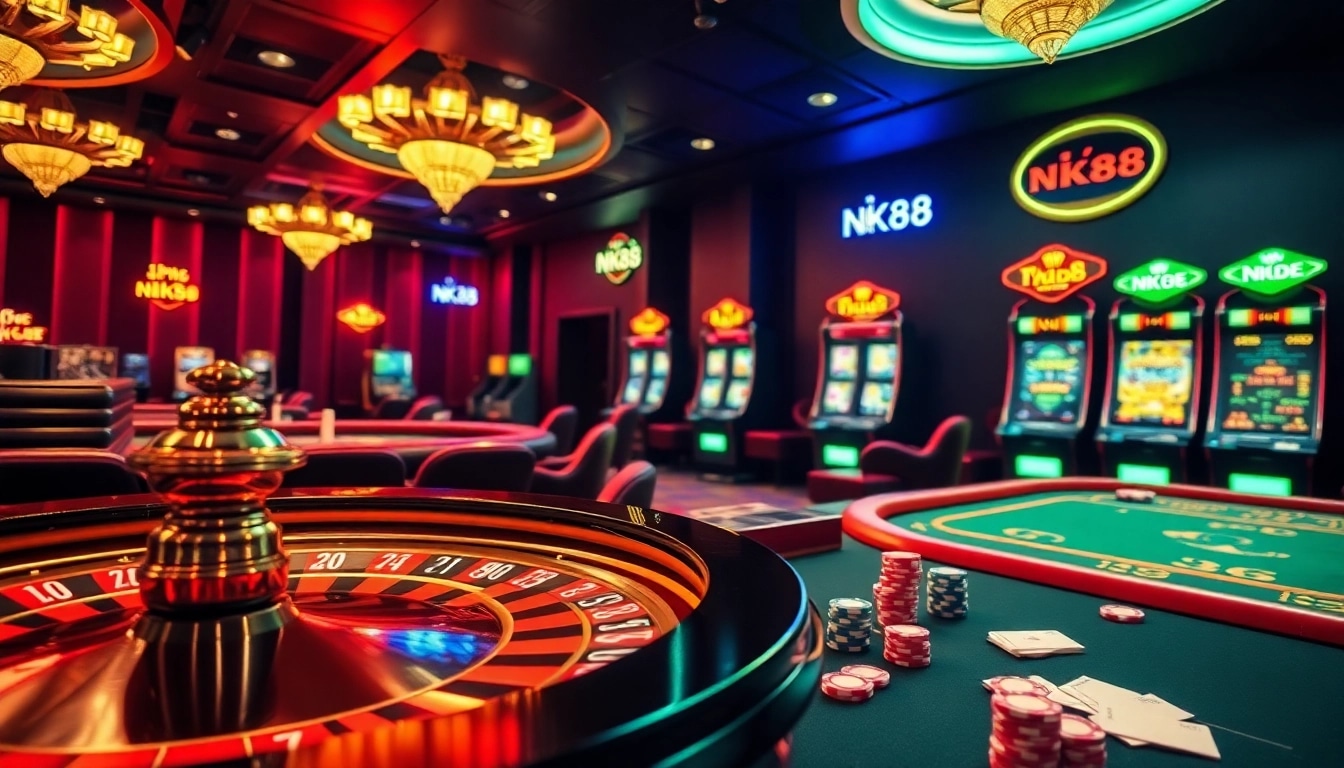 Experience excitement at NK88 casino with vibrant tables, rich colors, and engaging gambling action.