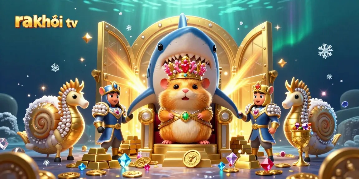 Engage with ra khơi tv's dynamic fantasy casino scene featuring a hamster king on a shark throne.