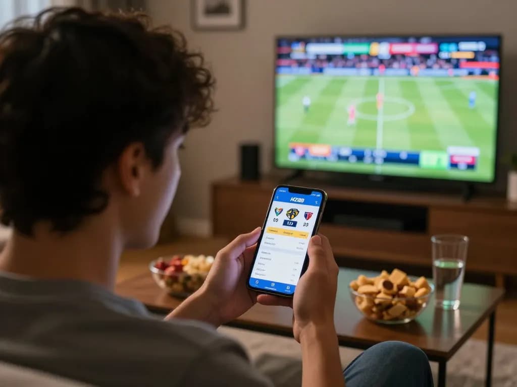 Engaging moment of a user joyfully betting on HZ88 sports app during live game.