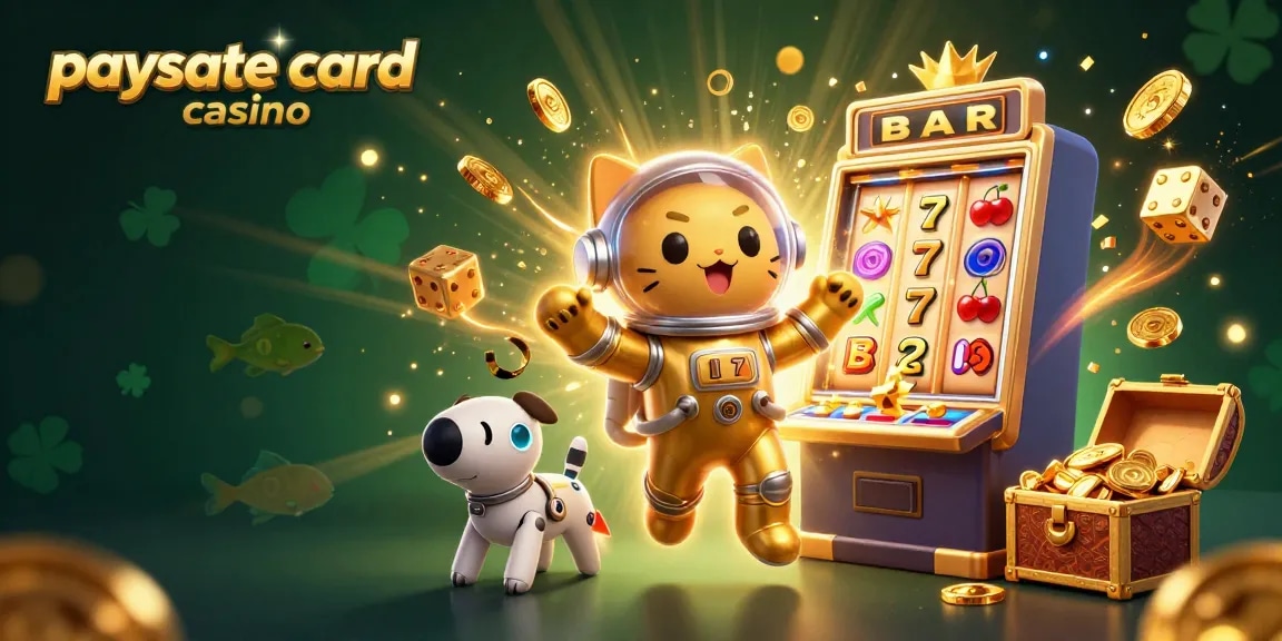 Erleben Sie Aufregung in einem Paysafe Card Casino mit einer lebhaften Illustration von Charakteren zwischen dynamischen Casino-Elementen.