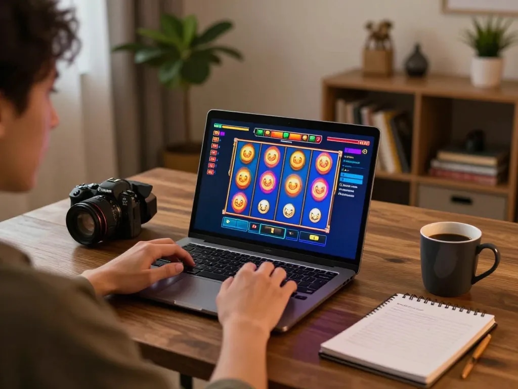 Online casino gaming at home with nhà cái 33win, showcasing vibrant slot machine action.