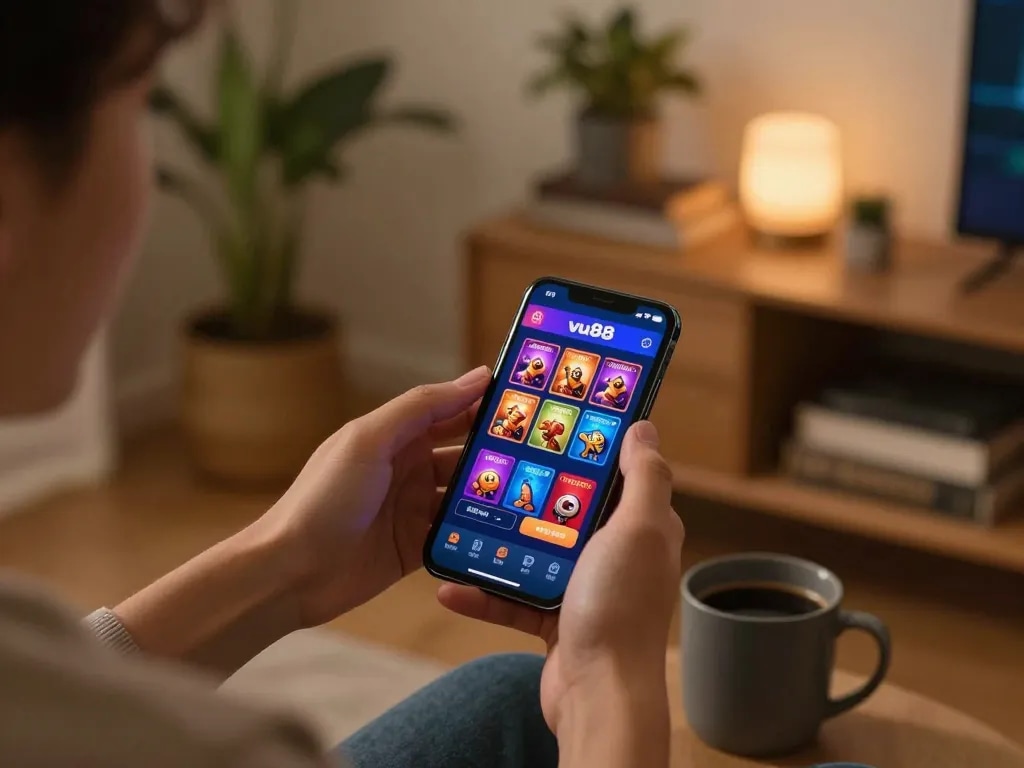 Engaging with the vu88 com casino app on smartphone, showcasing online gaming ambiance at home.