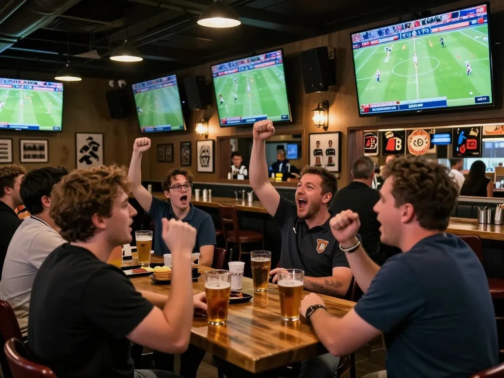 Fans cheering at 78win sports bar while placing bets on live matches