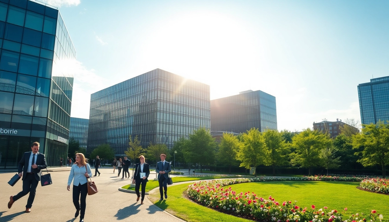 Headhunter Hannover Bürokomplex mit geschäftigen Menschen in modernen Businesskleidungen.