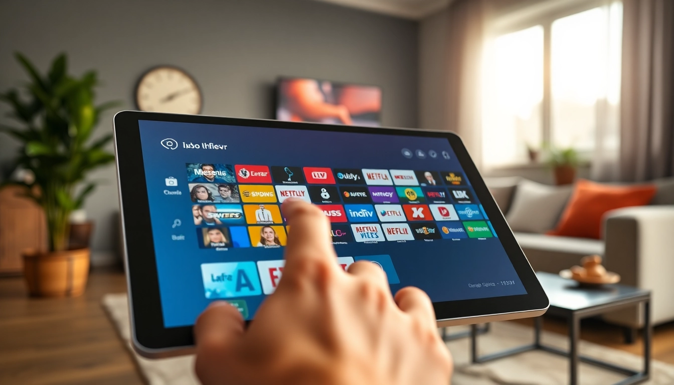 IPTV Abo Anbieter Benutzeroberfläche auf modernem Tablet in stilvollem Wohnzimmer