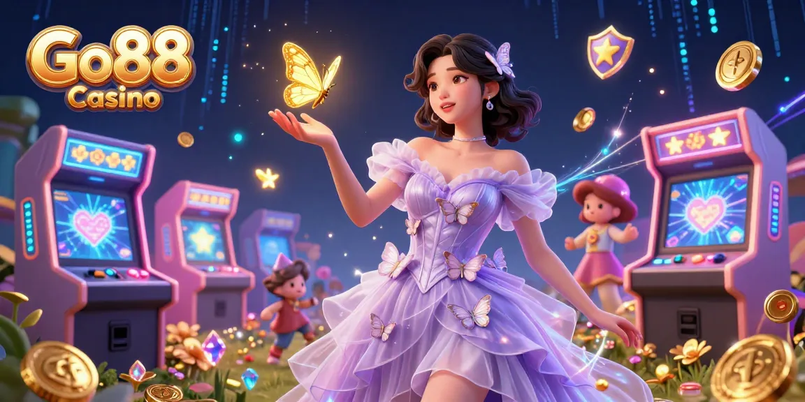 Engage with Go88 Casino's vibrant 3D illustration showcasing arcade gaming elements and a magical atmosphere.