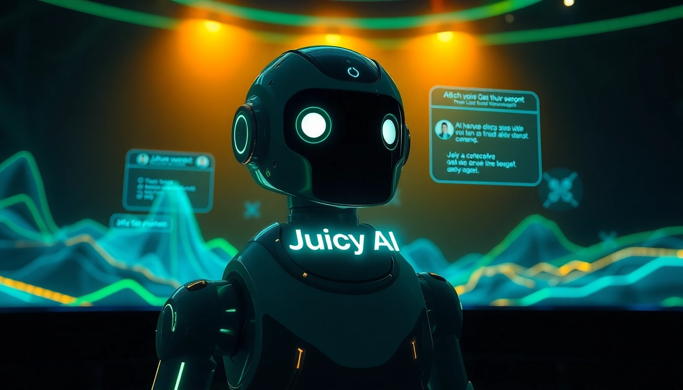 Engaging visuals of Juicy AI chatbot in a vibrant digital landscape, showcasing its innovative conversational abilities.