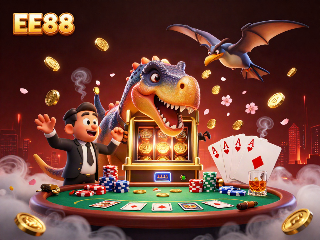 Experience the excitement of EE88 with a dinosaur-themed casino scene featuring vibrant slots and dynamic characters.