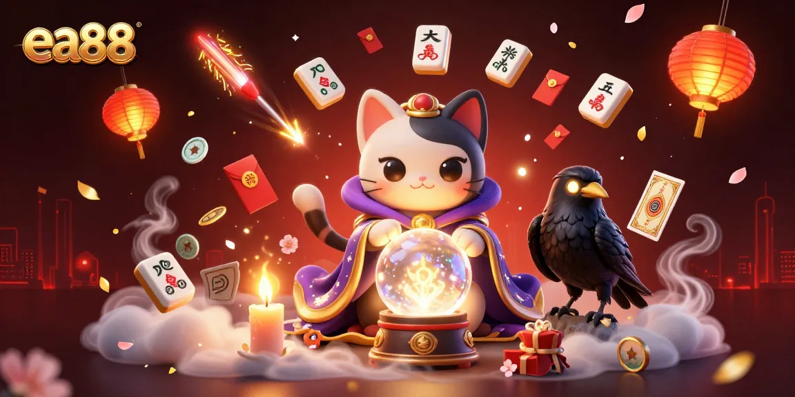 Win big with ea88 at this dynamic casino scene featuring a mystical feline and fortune-telling raven.