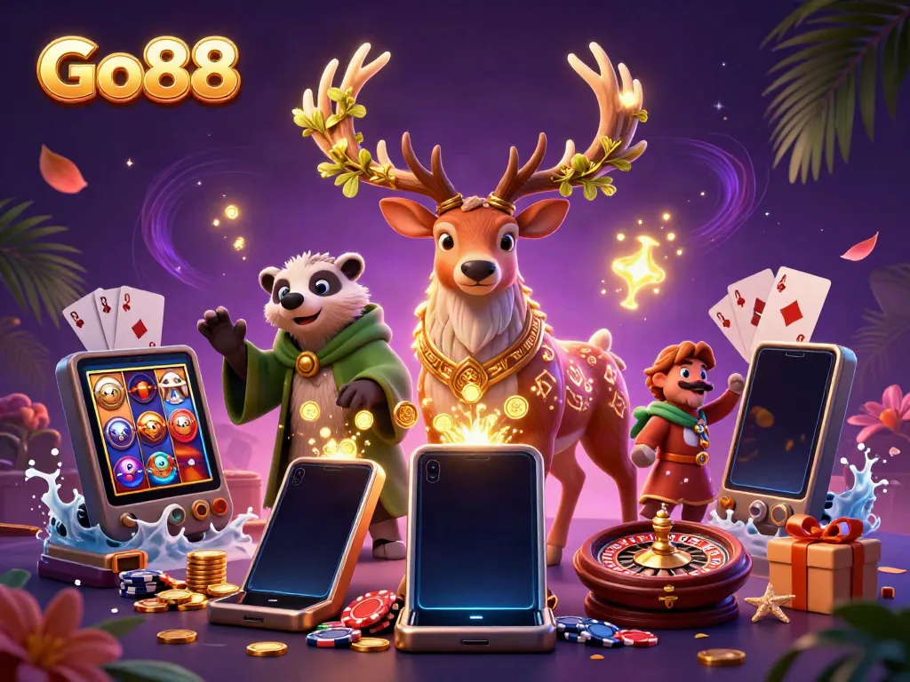 Engage with Go88 on this vibrant 3D casino scene featuring a druid stag and colorful game elements.