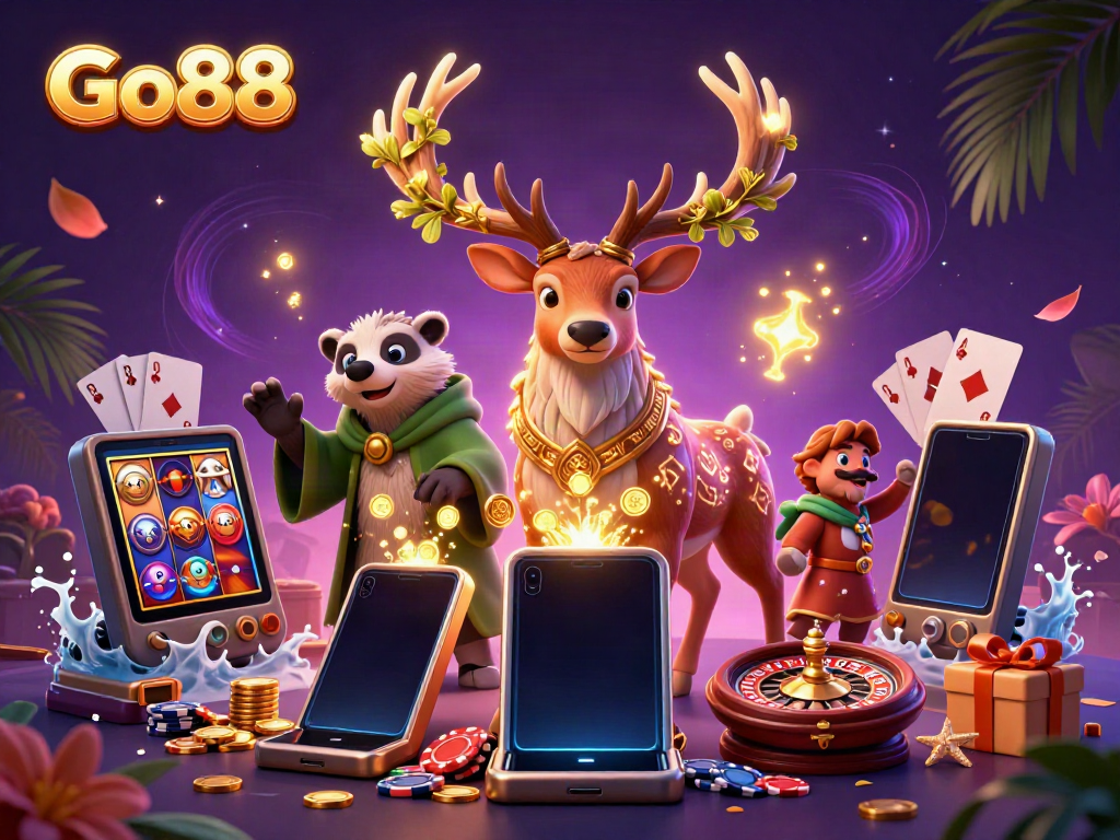 Engage with Go88 on this vibrant 3D casino scene featuring a druid stag and colorful game elements.