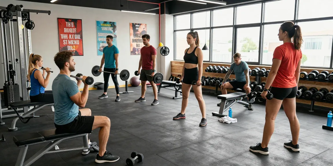 Fitness-Community im Selliza Shop bei intensivem Training in modernem Fitnessstudio.