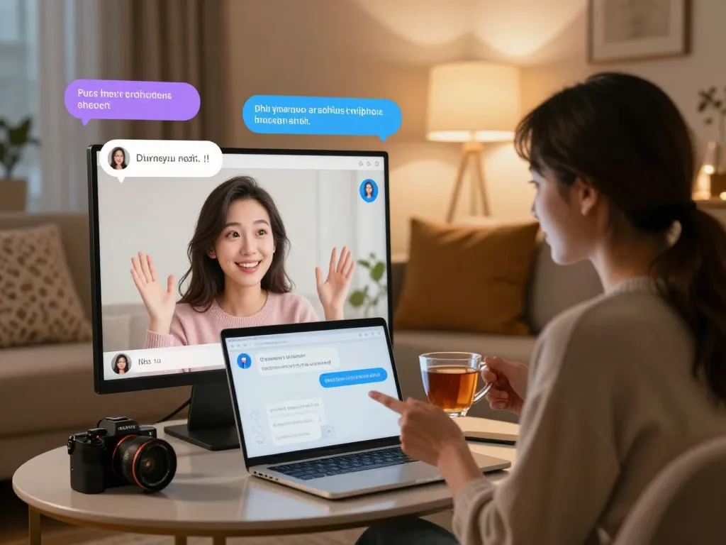 Engaging in porn chat AI conversation with friendly avatar in cozy virtual setting