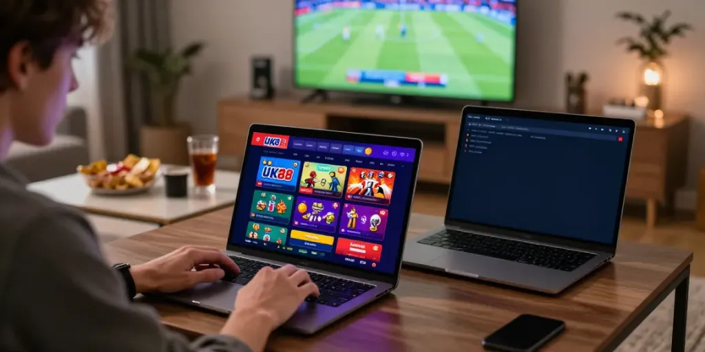 Player using Nhà cái UK88 on a laptop in a cozy living room with snacks and sports on TV.