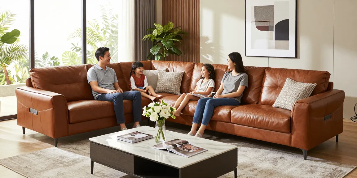 Baxter Ledersofa Preis in einem gemütlichen Wohnzimmer, in dem die Familie quality time genießt.