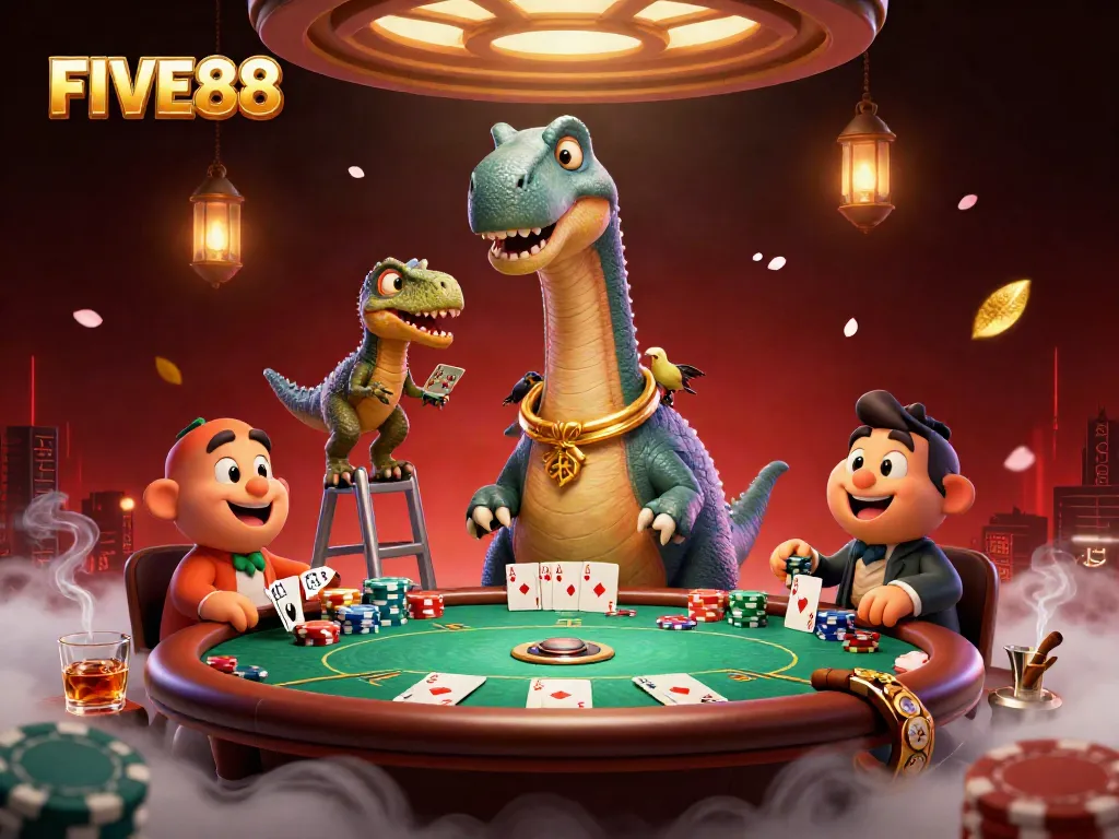 Experience thrilling poker action with FIVE88 in an ultra-detailed casino scene featuring a giant brontosaurus.
