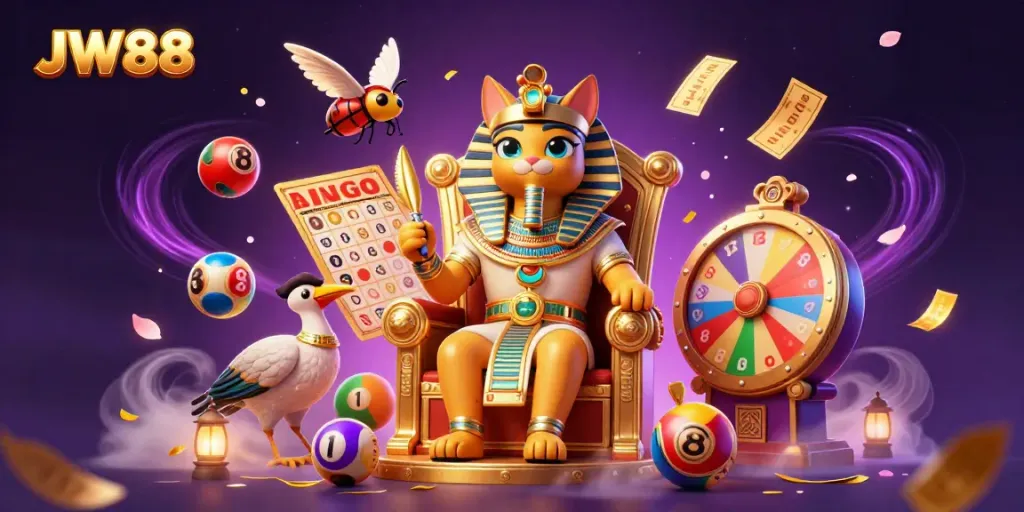 Experience the vibrant energy of JW88 with a dynamic scene of an Egyptian pharaoh cat surrounded by colorful lottery elements
