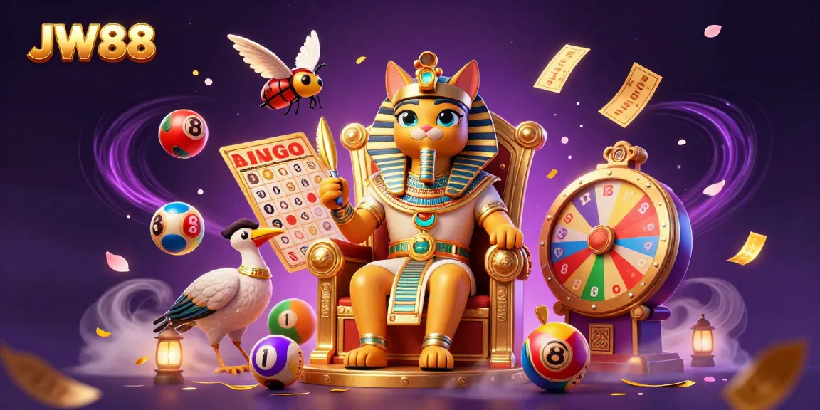 Experience the vibrant energy of JW88 with a dynamic scene of an Egyptian pharaoh cat surrounded by colorful lottery elements