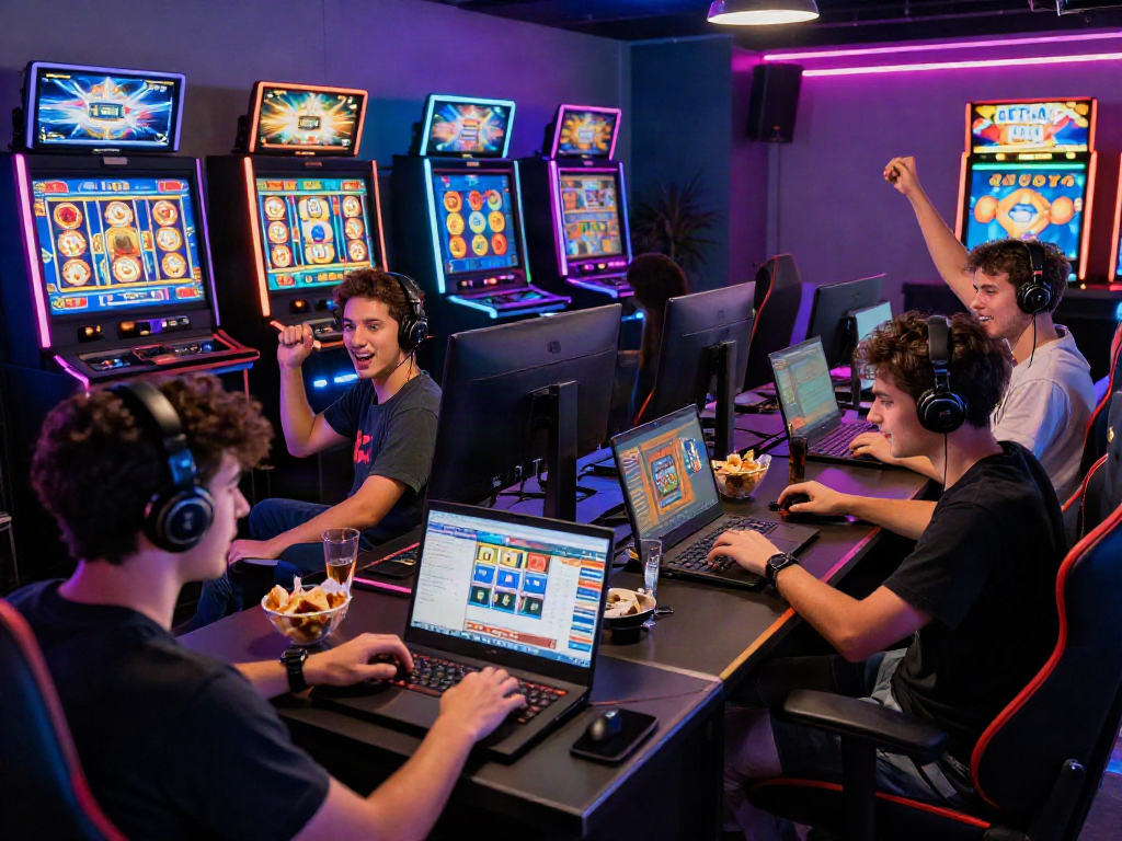 Exciting players engaging with rokok88 slot games in a vibrant home gaming environment.