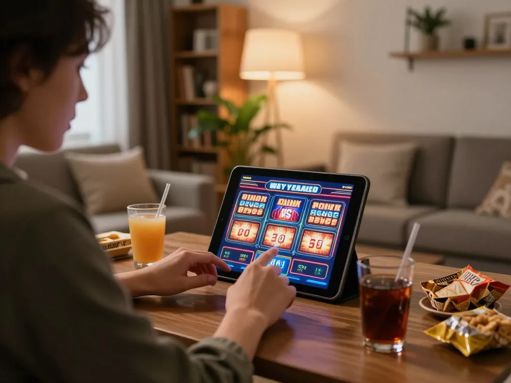 Player enjoying slots on tablet at home, ALO8 gaming experience in relaxed atmosphere