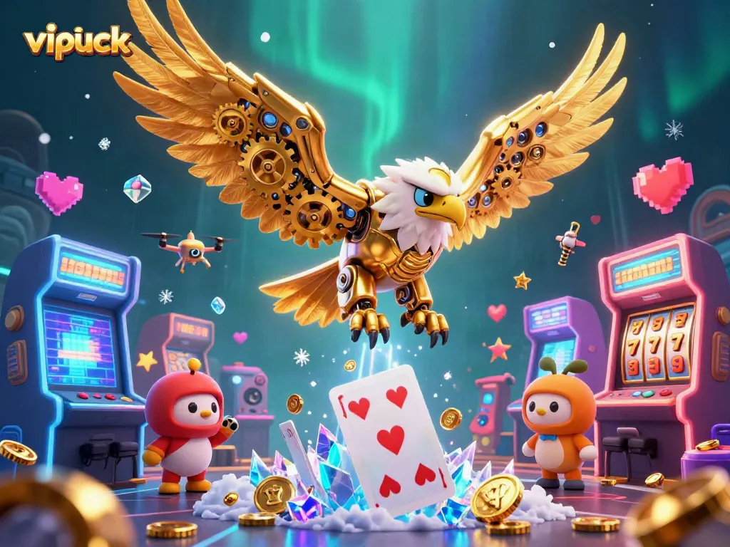 Experience the vibrant thrill of Vipluck casino with 3D golden eagle amidst dynamic arcade elements.