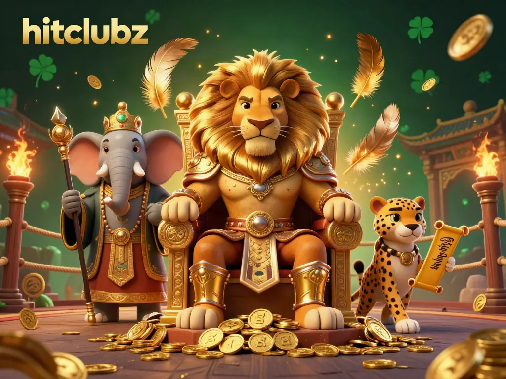 Experience thrilling gameplay at hitclubz with an engaging 3D casino scene featuring majestic characters and golden elements.