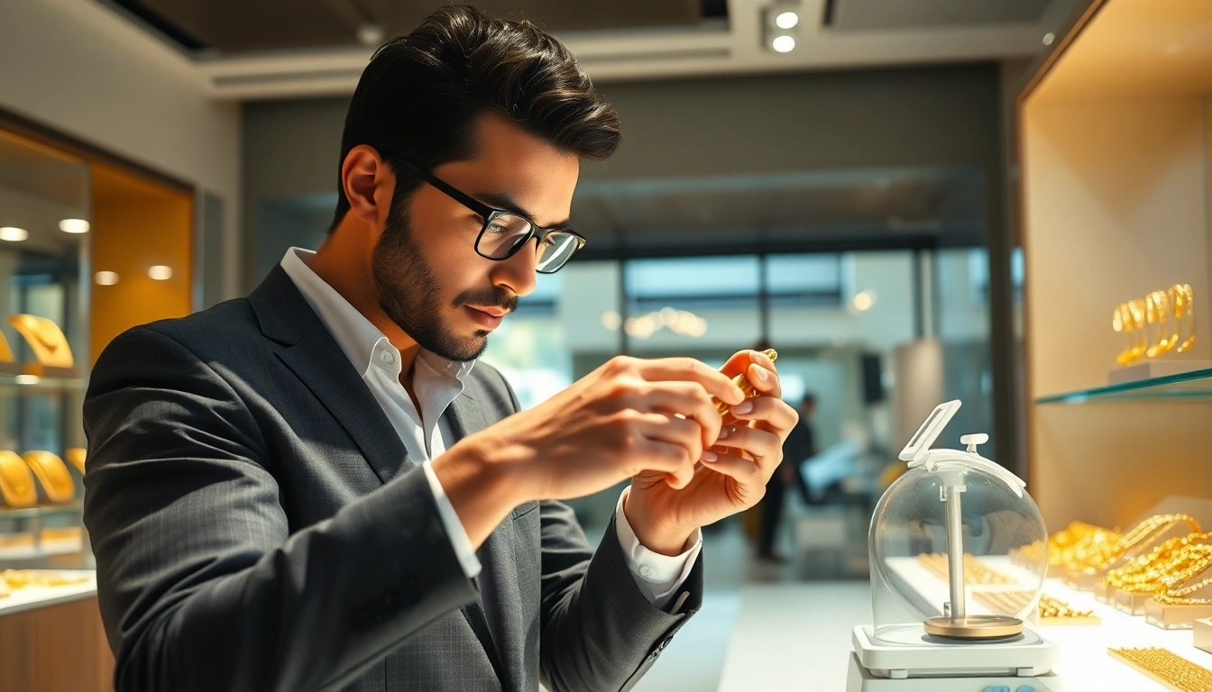 Gold verkaufen: Professional jeweler examining sparkling gold items in an inviting shop.