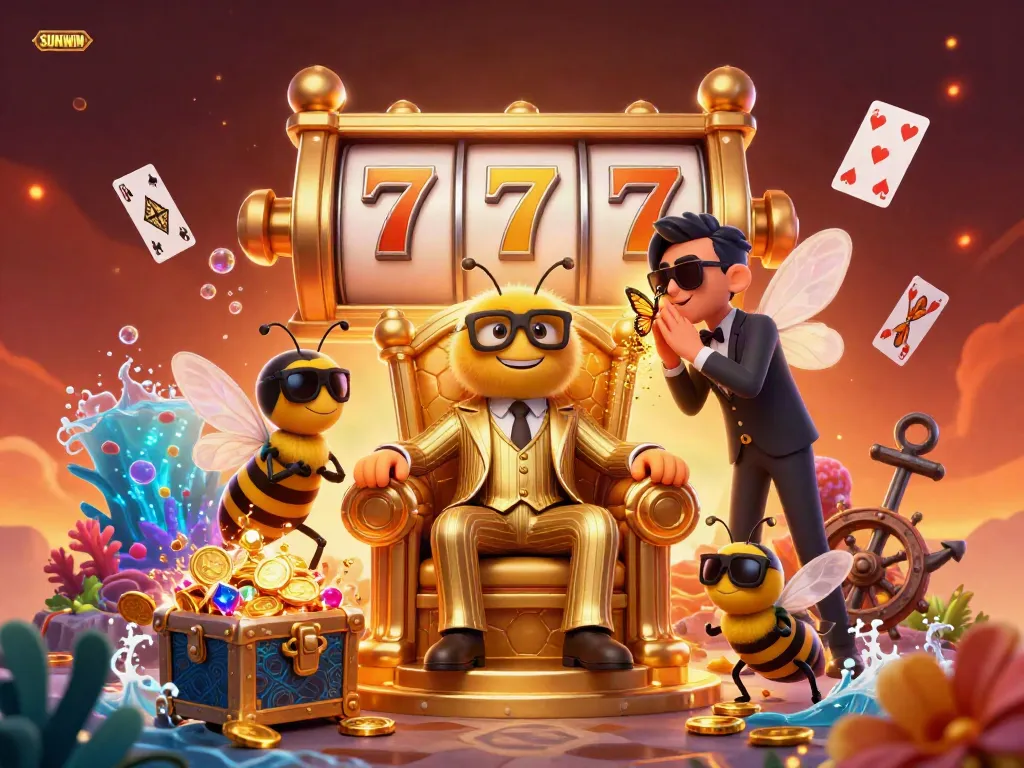 SUNWIN's bumblebee mob boss presides over an exciting casino scene with colorful slot elements and treasure.