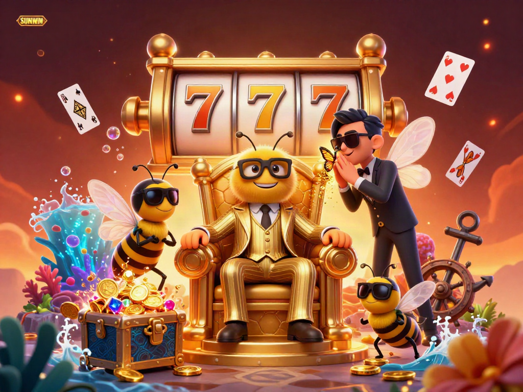 SUNWIN's bumblebee mob boss presides over an exciting casino scene with colorful slot elements and treasure.