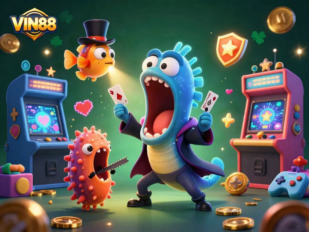 VIN88 players enjoying a vibrant casino atmosphere with bioluminescent characters and dazzling game elements.