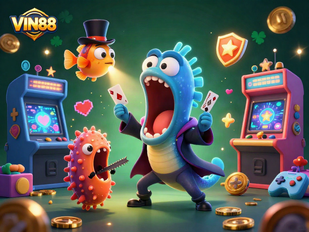 VIN88 players enjoying a vibrant casino atmosphere with bioluminescent characters and dazzling game elements.