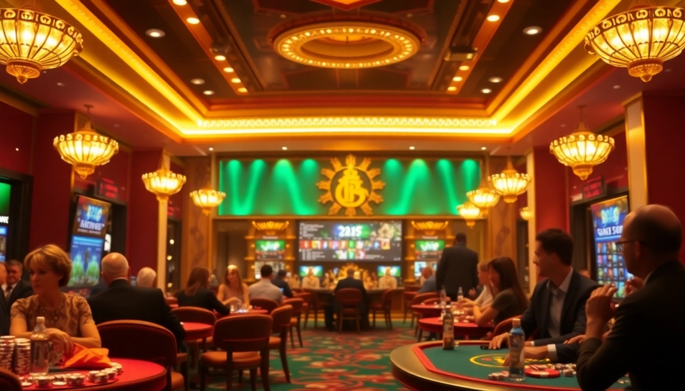 Spielen Sie im besten casino online mit erleuchteten Tischen und glücklichen Spielern in einer eleganten Atmosphäre.