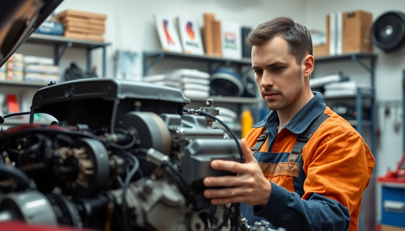 Motorschaden Ankauf: Mechanic thoroughly assessing a damaged engine at a repair shop.