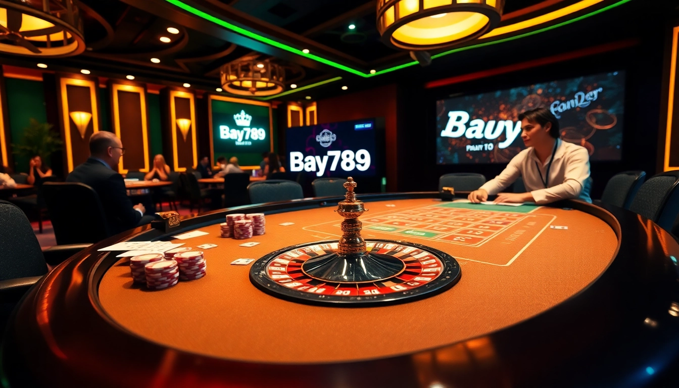 Bay789 players enjoy an exciting game scene featuring a vibrant poker table and roulette wheel.