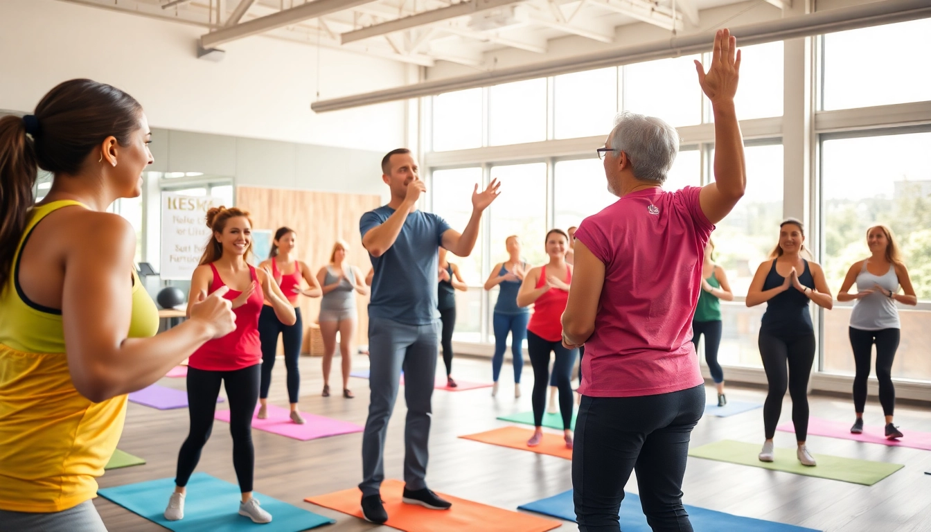 Fitness und Ernährung: Gruppe von Menschen bei einer motivierenden Fitnessübung in einem modernen Gym.