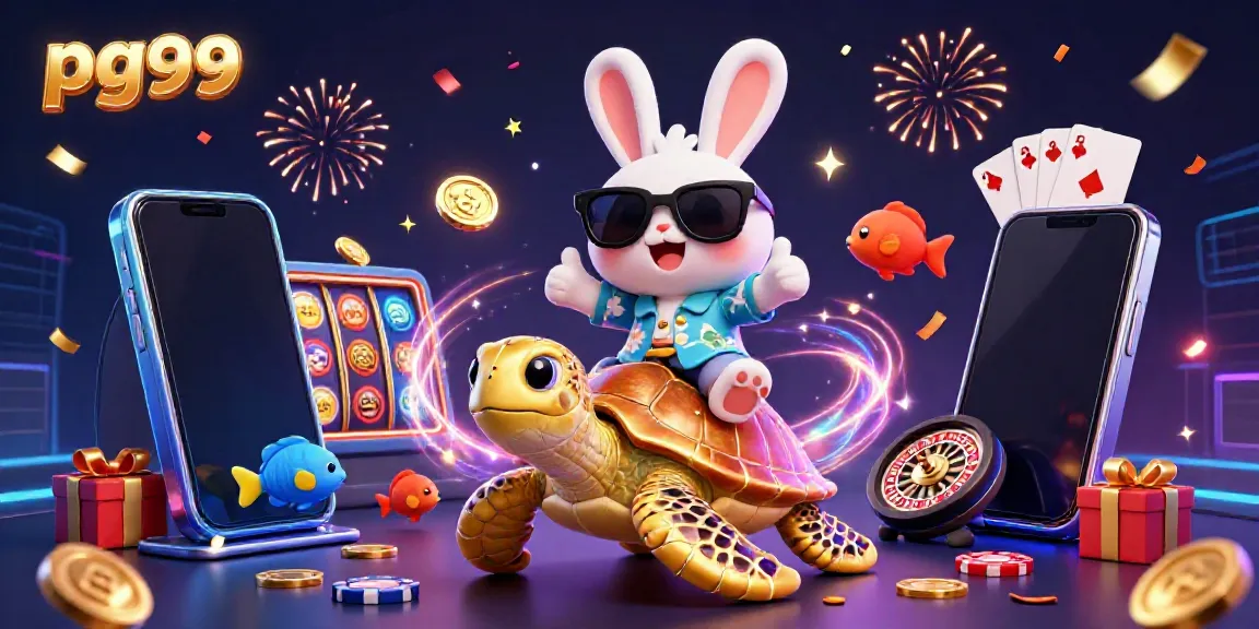Experience winning thrills with pg99 in a vibrant casino scene featuring a lucky rabbit and golden turtle.