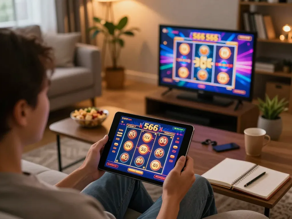 Person enjoying gameplay on the casino 566 app in a cozy home setting with snacks.