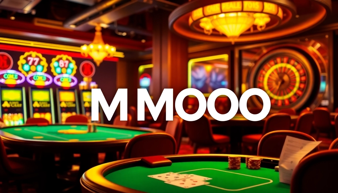 Engaging casino scene showcasing MMOO with players at a lively poker table and vibrant slot machines.