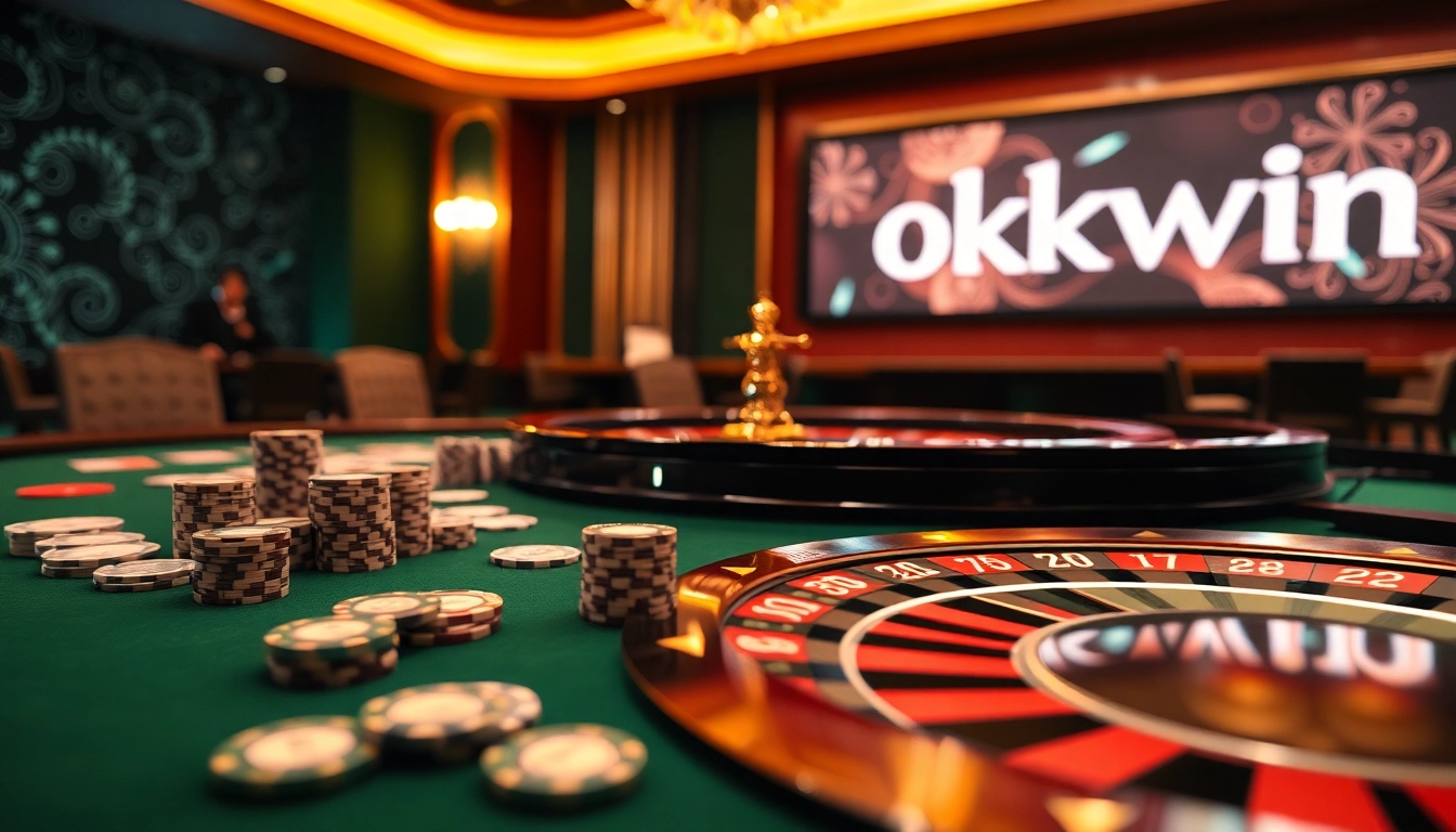 Experience high-stakes action at an okwin gaming table with poker chips and roulette wheel.