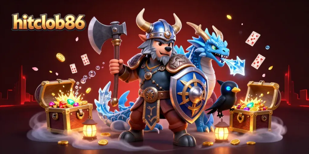 Engage in thrilling gaming adventures with hitclub86 at this vibrant casino illustration showcasing dynamic characters.