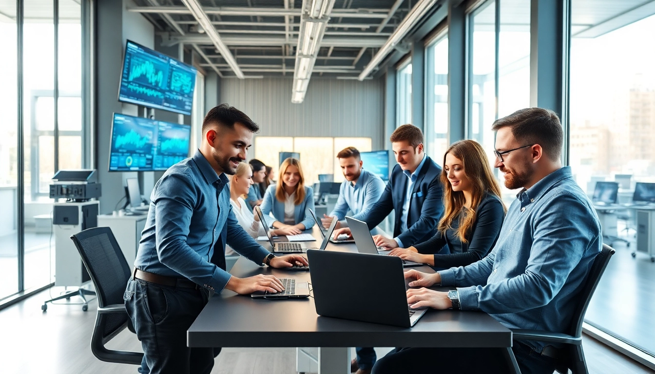Engaged team at IT System House okm Magdeburg collaborating in a modern office setting.