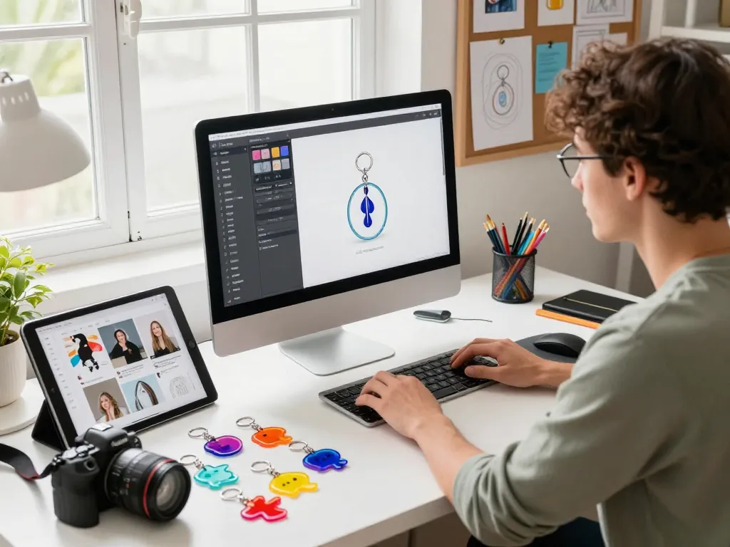 Designer's workspace with a variety of acryl schlüsselanhänger selbst gestalten, showcasing vibrant custom acrylic keychains.